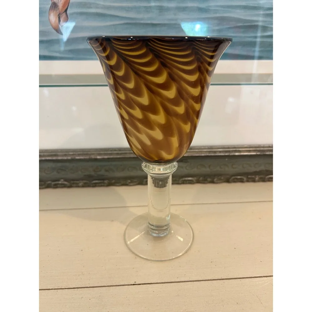 Art Glass Wine Goblet Amber Brown Pulled Feather Festooned Hand Blown 8.5